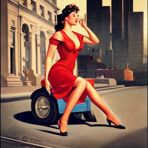 Prompt: woman, city, cars, by gil elvgren, olivia