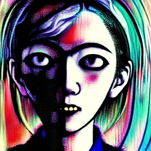 Image similar to yoshitaka amano blurred and dreamy three quarter angle portrait of a young woman with white hair and black eyes wearing dress suit with tie, playstation 2 horror game, junji ito abstract patterns in the background, satoshi kon anime, chungking express color palette, noisy film grain effect, highly detailed, renaissance oil painting, weird portrait angle, blurred lost edges