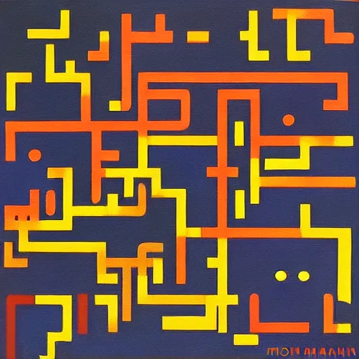 Prompt: pac - man - maze!!!! painting by mondrian