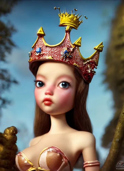 Image similar to highly detailed closeup, profile portrait of a tin toy fairytale princess wearing a crown, bikini, unreal engine, nicoletta ceccoli, mark ryden, earl norem, lostfish, global illumination, detailed and intricate environment