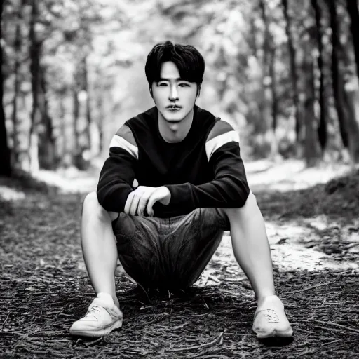 Image similar to male korean actor with tribal facial scarring sitting in a forest, hyper realistic, black and white portrait, 8 k resolution,