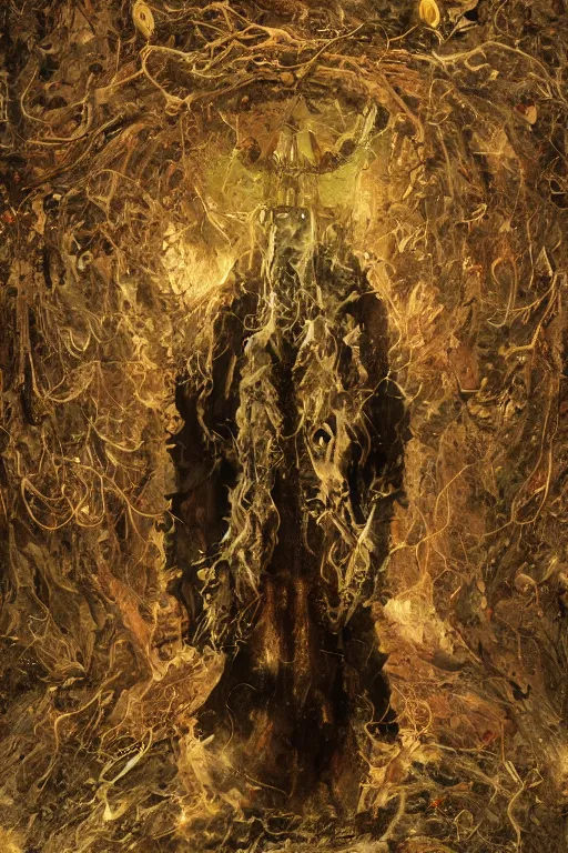 Image similar to A full body portrait of a mysterious character with no face with a very long hooded yellow cloak, a golden crown floating above his head tentacles coming out the ground art by James Paick, and Shaddy Safadi, ominous, cosmic horror, trending on artstation, Ultra detailed, hyper realistic 4k