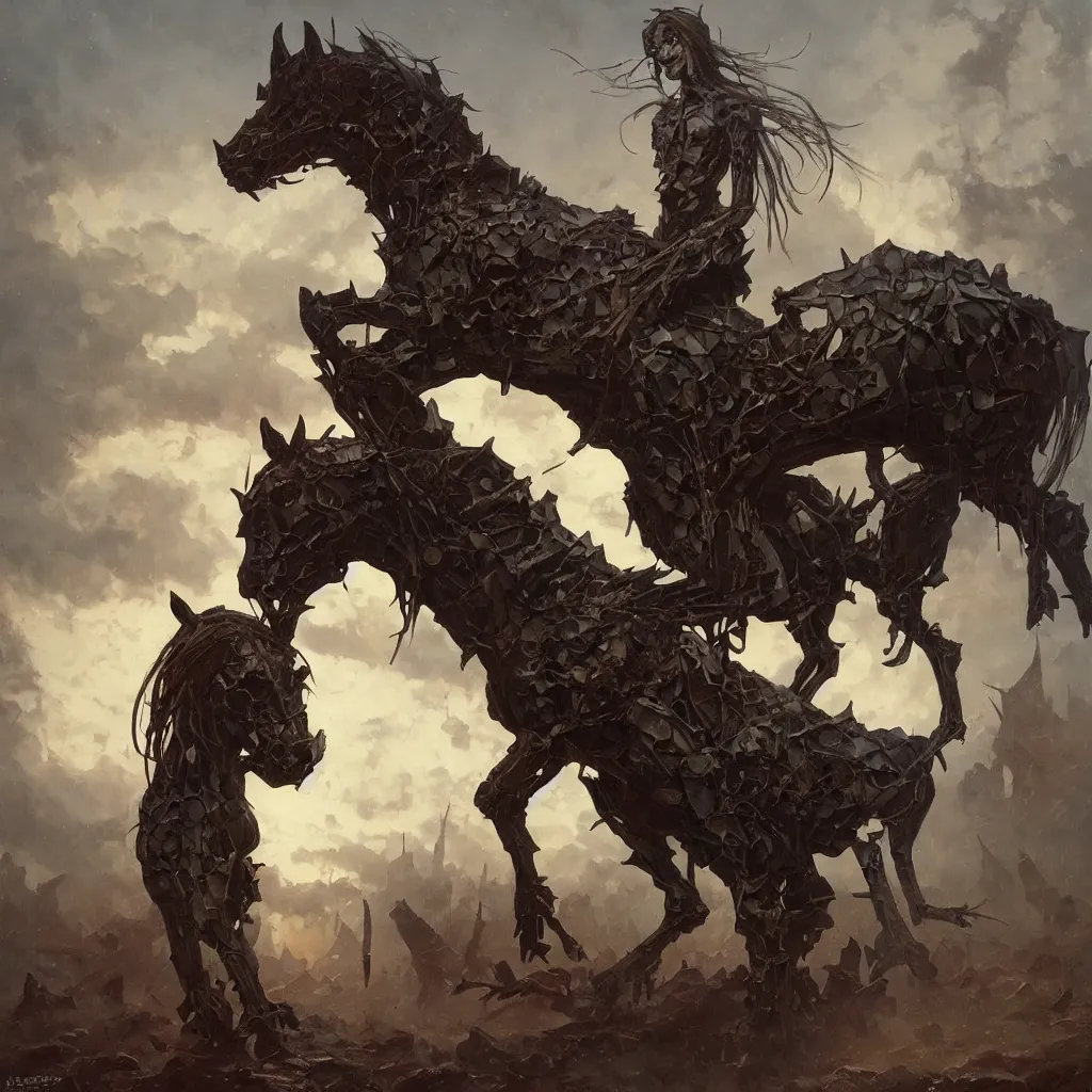 Prompt: oil painting of a gothic horse by Simon Stålenhag, by Stanley Artgerm Lau, Greg Rutkowski,Thomas Kindkade,Alphonse Mucha, Loish, Norman Rockwell,trending on artstation , rule of thirds, Highly detailed, anatomically correct, dramatic lighting, fashion, oil on canvas