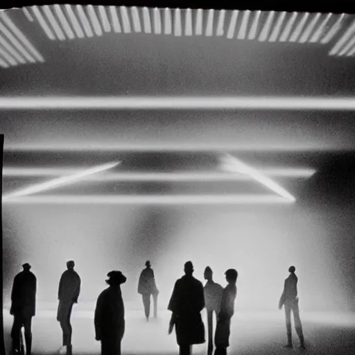 Image similar to a group of people in a dark room. The only source of light is a small window in the corner. The people are all looking at something outside of the art installation. islandpunk by Oskar Fischinger, by Jim Lee soft, dignified