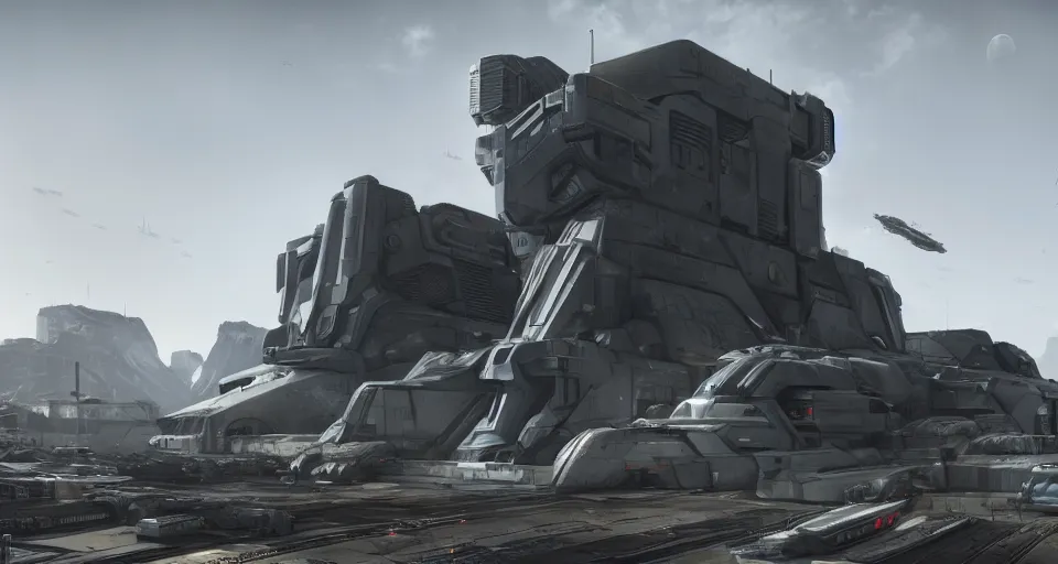 Prompt: a gigantic brutalist building hard surface military hardware, military storage crate, maschinen krieger, ilm, beeple, star citizen halo, edge of tomorrow, mass effect, transformers, elysium