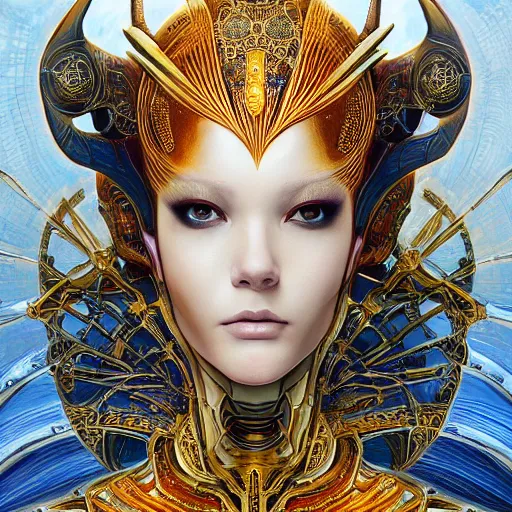 Image similar to a beautiful symmetrical body wearing an armor made of golden ornaments and gems by alex gray and android jones , Karol Bak, Ayami Kojima, Amano , 3D, 8k resolution