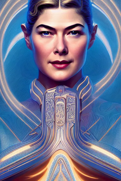 Image similar to young rosamund pike portrait as wonderwoman, art deco, fantasy, intricate art deco designs, elegant, highly detailed fractals, sharp focus, art by artgerm and beeple and greg rutkowski and wlop