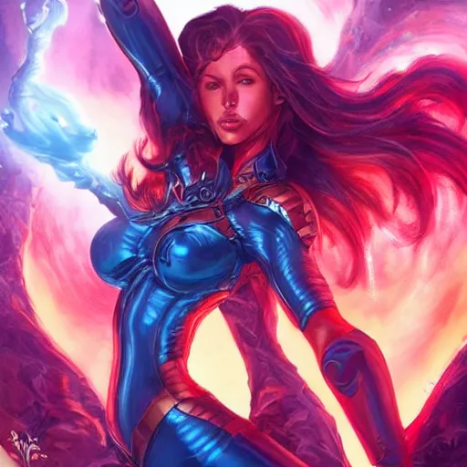 Image similar to front portrait hands behinds pose of attractive Starfire with ginger wavy hair, hands behind her pose!, Intricate overlay flames imagery , D&D!, fantasy style, sharp focus!, ultra detailed, art by Artgerm and Peter Andrew Jones, WLUP