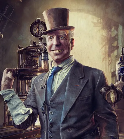 Image similar to portrait of steampunk joe biden cosplaying, by wlop, by simon stalengrad, by ilya repin, bioshock screenshot, photorealistic fan art, detailed shading, intricate abstract, realism