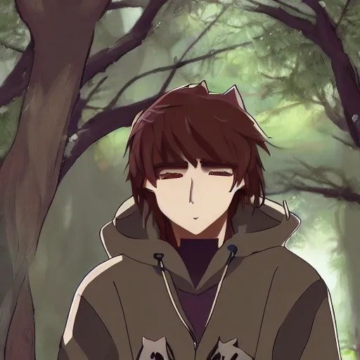 Image similar to key anime visual portrait of a handsome male anthro wolf furry fursona with beautiful eyes, wearing a hoodie in the forest, official modern animation