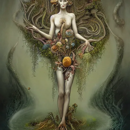 Prompt: the transcendent being depiction of the goddess babalon, entangled with nature, fungi, mycelial, lichen, moss, by peter mohrbacher, by james jean, divinity, mystical third eye, filigree, occult art, stunning