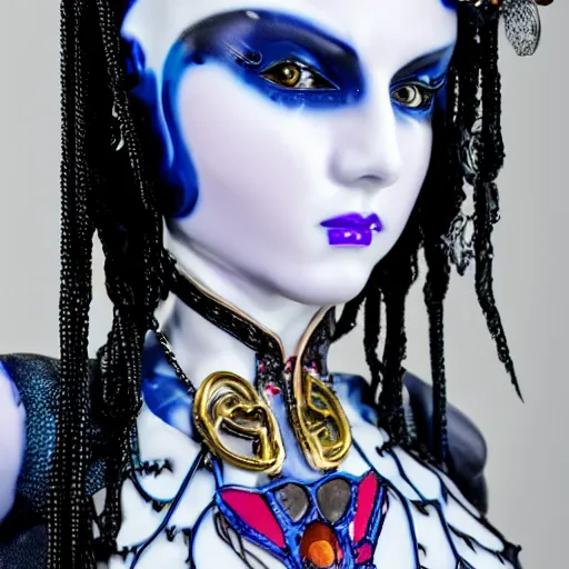 Image similar to cybergoth porcelain woman with artnouveau garment and ornaments sharp focus 8 k