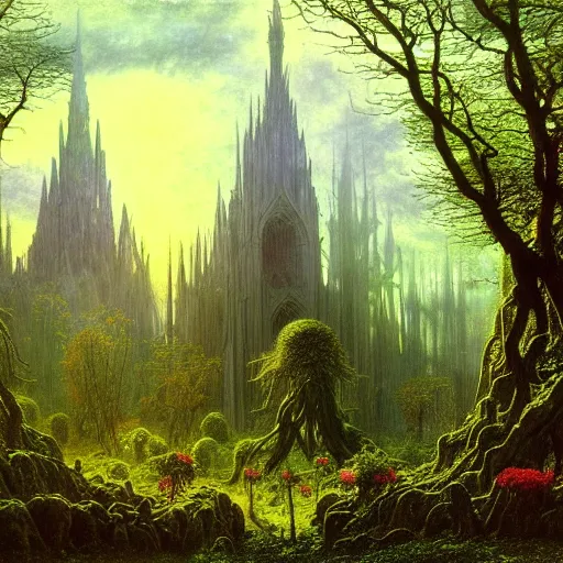 Image similar to a beautiful and highly detailed matte painting of an elven cathedral in a mystical celtic forest, alien trees and plants and flowers, twisted spires, wide angle, by caspar friedrich, albert bierstadt, james gurney, brian froud,