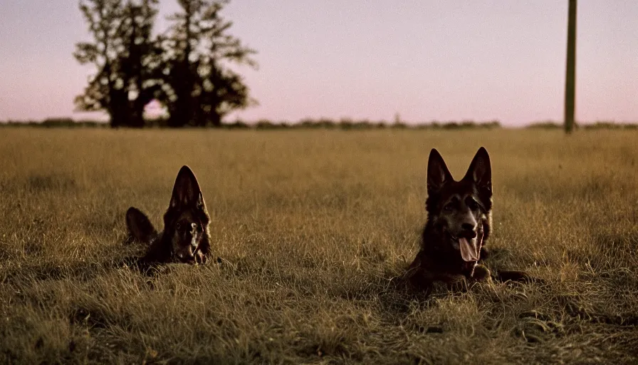 Image similar to cinematic movie still of a german shepard sitting in northwest new jersey in field, cinestill 8 0 0 t 3 5 mm a 2 4 studios, heavy grain, high quality, high detail, golden hour, warm light