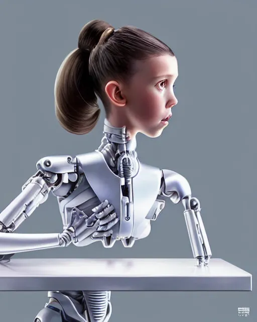 Image similar to weta disney pixar movie still head and torso portrait photo of young millie bobby brown lying on a science fiction table with a white ponytail as thoughtful intricate detailed mechanical plastic cyborg girl by pixar, by weta, wlop, ilya kuvshinov, rossdraws, artgerm, latex, iridescent, bright morning, anime, liosh, mucha