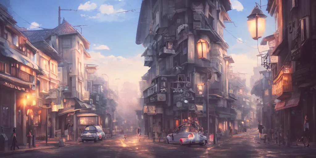 Image similar to a street, cinematic angle, studio Ghibli, volumetric lighting, breathtaking, beautiful composition, elegant, digital art, detailed, oil painting, hyperrealistic, sharp focus, 8k