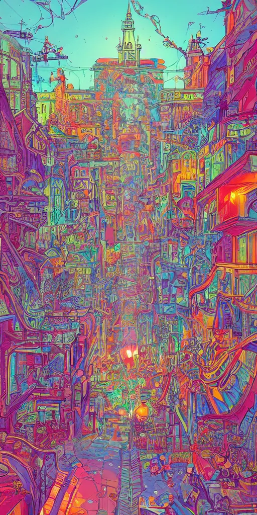 Image similar to the mission in san francisco an ultrafine detailed illustration by james jean, intricate linework, bright colorful colors, behance contest winner, vanitas, angular, altermodern, unreal engine 5 highly rendered, global illumination, radiant light, detailed and intricate environment