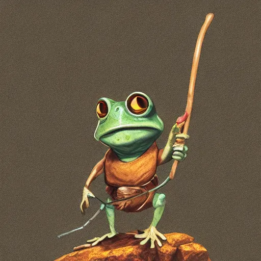 Prompt: A oldman frog holding himself with a staff. The scene is covered with rocks Artstation, Hiroaki Tsutsumi style