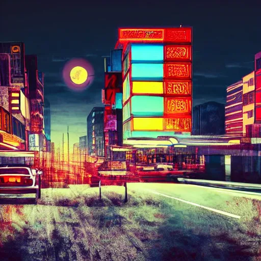 Image similar to abstract city street buildings fragments and neon signs floating, night, big moon