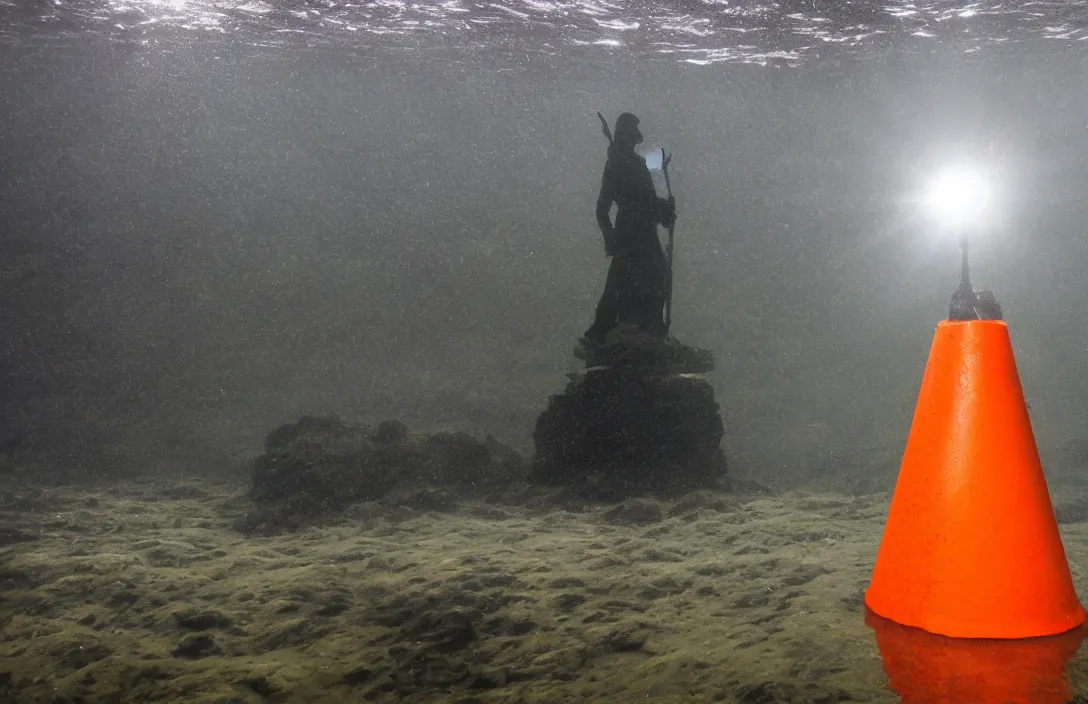 Image similar to duke of wellington statue with traffic cone in glasgow city underwater, realistic, high detail, backlit, wide angle shot, turbid water