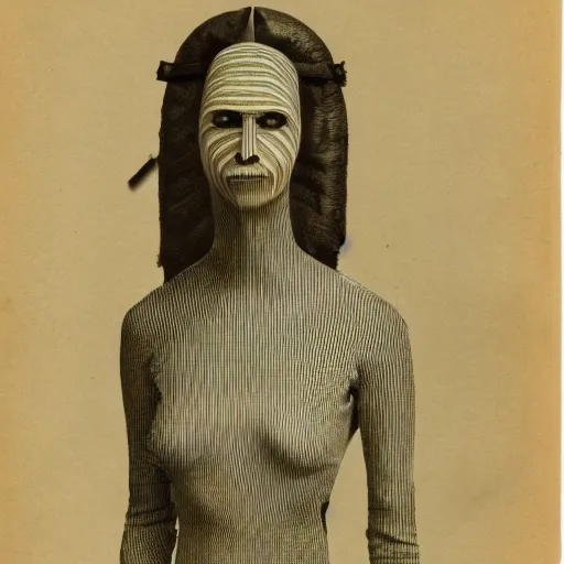 Image similar to an anthromorphic bee woman wearing striped couture made out of wax and paper