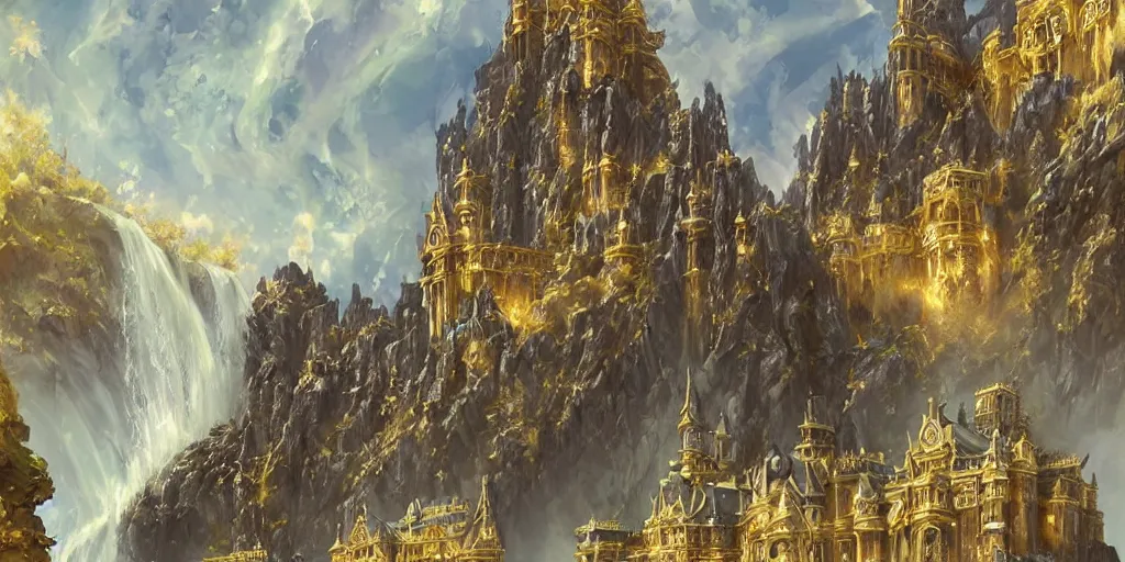 Image similar to rendered ominous ornate obsidian castle with gold filigree on high cliffs with rivers and waterfalls of glowing melted gold. by krenz cushart and by magali villeneuve. power and beauity.