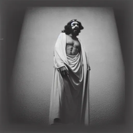 Image similar to photo of Jesus Christ by Diane Arbus, black and white, high contrast, Rolleiflex, 55mm f/4 lens