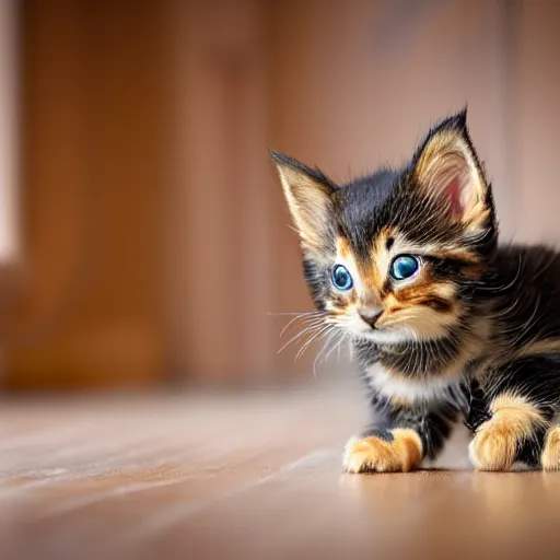 Prompt: small tortoiseshell colored kitten playing with a ball of yarn, sun rays, hardwood floor