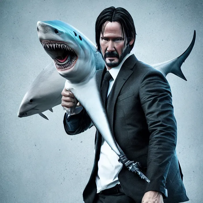 Prompt: john wick cosplay as shark. intricate artwork. octane render, trending on artstation, very coherent symmetrical artwork. cinematic, hyper realism, high detail, octane render, 8 k, iridescent accents