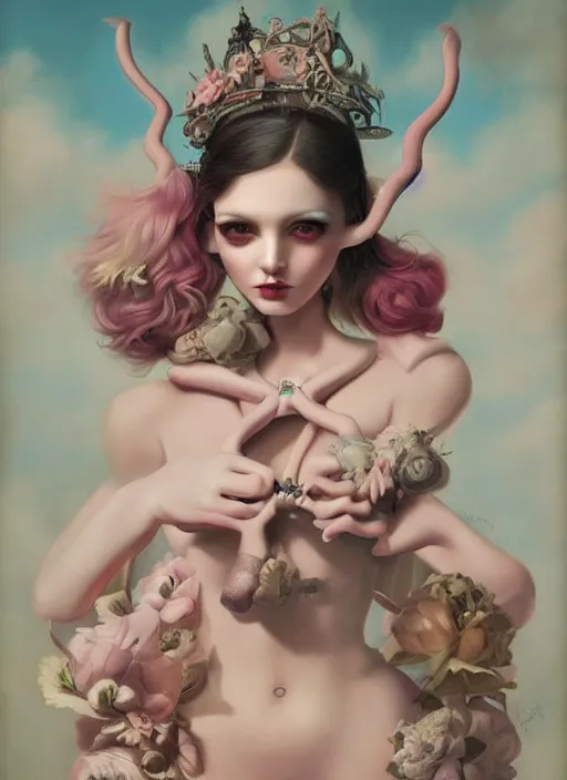 Image similar to pop surrealism, lowbrow art, realistic seductive cute woman painting, pink body harness, hyper realism, muted colours, rococo, natalie shau, loreta lux, tom bagshaw, mark ryden, trevor brown style,