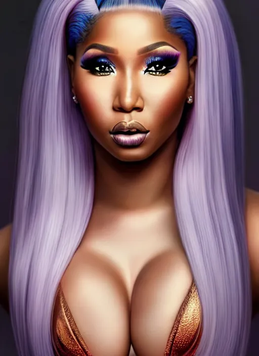 Prompt: a gorgeous rendition of nicki minaj, professionally retouched, soft lighting, realistic, smooth face, full body shot, torso, dress, perfect eyes, wide angle, sharp focus on eyes, 8 k high definition, insanely detailed, intricate, elegant, art by artgerm and jason chan and mark hill, safe for work