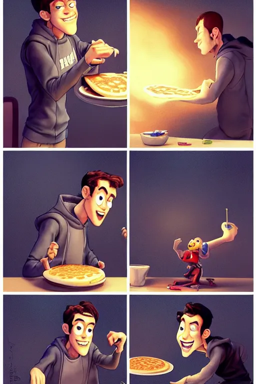 Image similar to pete davidson making pancakes, animation pixar style, by pendleton ward, magali villeneuve, artgerm, rob rey and kentaro miura style, golden ratio, trending on art station