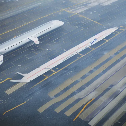 Prompt: photo of an airport tarmac, the floor is flooded with one meter deep water. eerie, volumetric lighting. highly - detailed 4 k