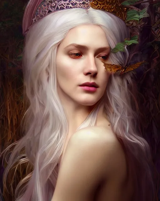 Prompt: realistic portrait of a beautiful white witch, bright witch, inside a castle, beautiful, beautiful face, fantasy, chaos, magic, dark magic, dramatic lighting, intricate, wild, highly detailed, digital painting, artstation, concept art, smooth, sharp focus, illustration, art by artgerm and greg rutkowski and alphonse mucha, footage from space camera