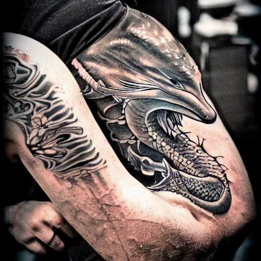 Prompt: tattoo on a man's arm of a dolphin dragon hybrid, hdr studio photography