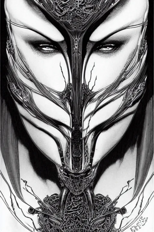 Image similar to beautiful and exotic and other-worldly alien queen bust portrait, sparkling eyes + frontal declotage with thick flowing hair, perfectly symmetrical facial features and muscle anatomy, ultradetailed art and illustration by bill sienkiewicz and chris bachalo and travis charest and chris achilleos, fantasy, intricate complexity, scientific human structure, accurate human anatomy, fantasy character concept, mixed media, watercolor, bleed, hyperrealism 8k