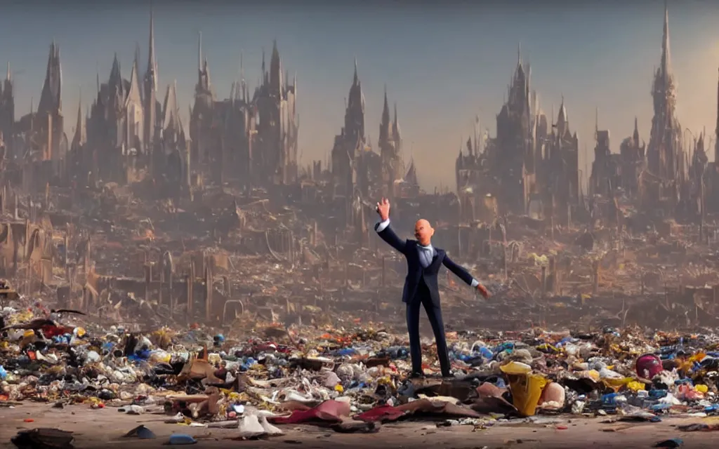 Image similar to a still from a disney animated film of jeff bezos dancing in a desolate wasteland, piles of trash scattered on the ground, city burning far in the background, 4 k