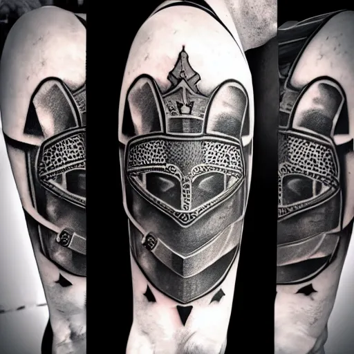 Tattoo uploaded by Sara MacGregor  Fine line medieval knights helmet back  of upper arm  Tattoodo