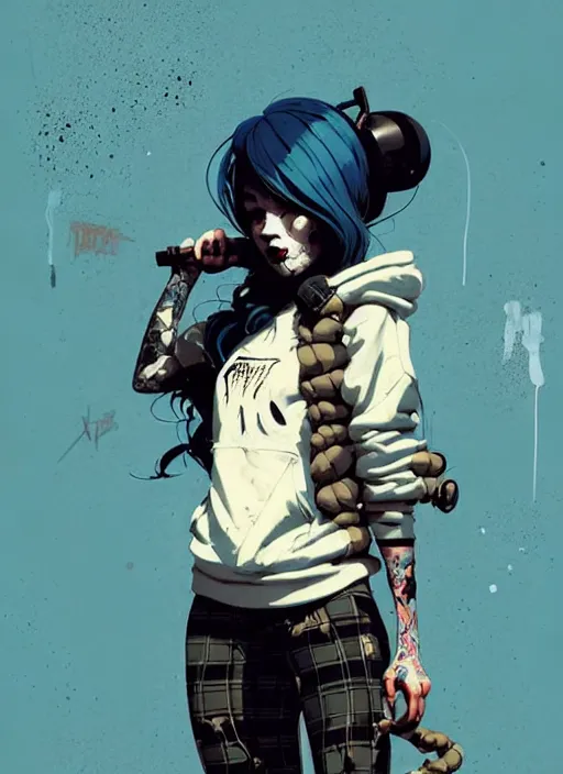 Image similar to highly detailed portrait of a sewer punk lady, tartan hoody, ringlet hair by atey ghailan, by greg rutkowski, by greg tocchini, by james gilleard, by joe fenton, by kaethe butcher, gradient light blue, black, cream and white color scheme, grunge aesthetic!!! ( ( graffiti tag wall background ) )