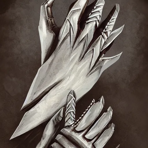 Image similar to metal claws on gloves, weaponized gauntlett, old gloves with attached talons, pointy fingertips, dark background, highly detailed, 8 k, trending on artstation, mystic, rpg artwork, by peter jackson, by sauron