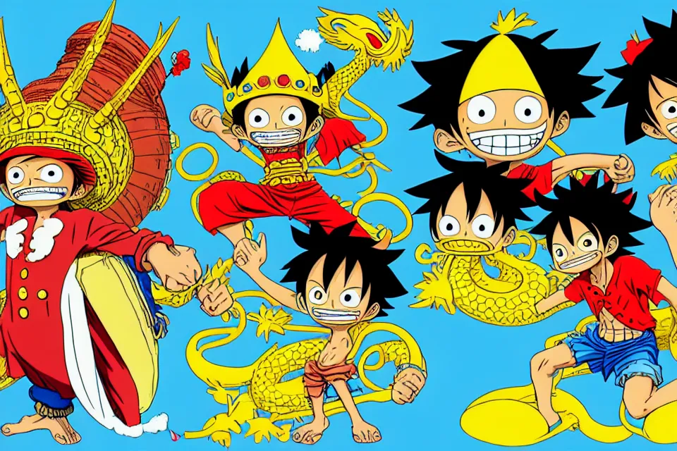 Prompt: concept sketches of luffy wearing a gold crown riding a large dragon by jamie hewlett, in the style of megaman, micro detail, disney