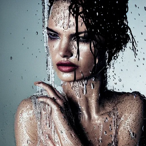 Prompt: close up of face of a wet adriana in luxury dress, heavy rain, dramatic lighting, official dior editorial, highly detailed