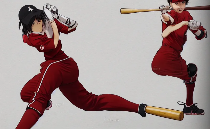 Image similar to anime style, female baseball player using bat, red sport clothing, strike pose, launching a straight ball, brown short hair, hair down, symmetrical facial features, from arknights, hyper realistic, rule of thirds, extreme detail, 4 k drawing, safebooru, realistic lighting, by alphonse mucha, greg rutkowski, sharp focus, backlit