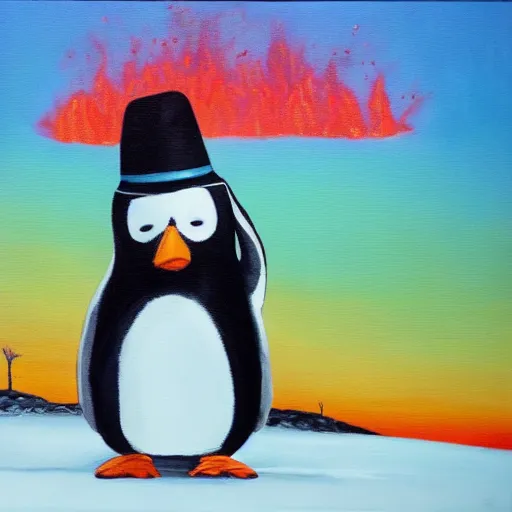 Image similar to penguin with a hat is looking at a burning forest which is sadly beautiful, dystopian oil painting