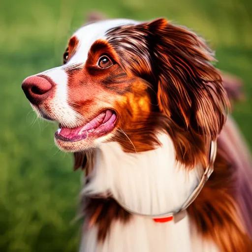 Prompt: red tri australian shepard. golden hour light photograph, hi gloss perfect lighting, 4 k, octane render, 5 0 mp cannon 8 0 mm.