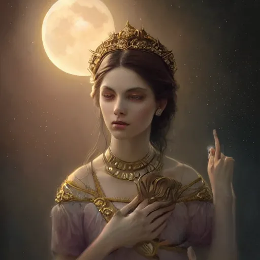 Image similar to a beautiful digital painting of a princess, princess, the moon behind her, intricate, cinematic lighting, highly detailed, digital painting, concept art, smooth, sharp focus, illustration, art by tom bagshaw, artgerm and greg rutkowski - 2 0 k