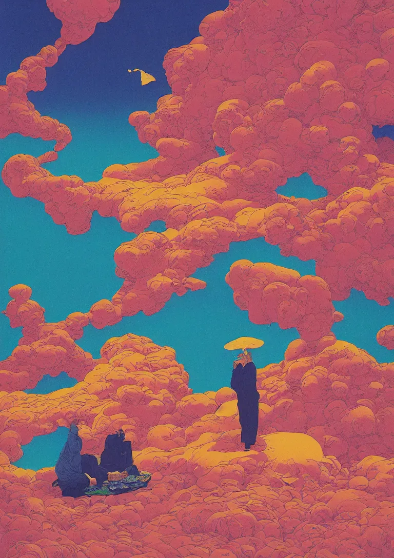 Prompt: a portrait style screenprint of a man eating a paper blotter tab of LSD acid and melting into a psychedelic landscape, risograph by kawase hasui, moebius, Edward Hopper and James Gilleard, Zdzislaw Beksinski, Steven Outram colorful flat surreal design, hd, 8k, artstation