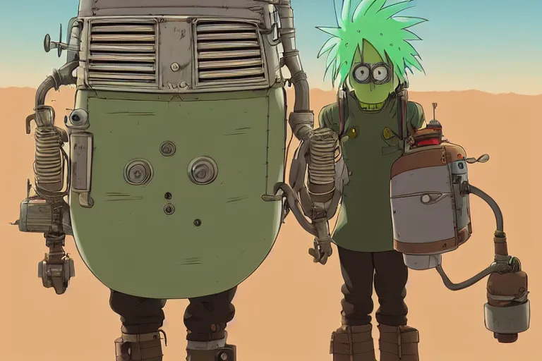 Image similar to a study of a cell shaded cartoon of a mechanized punk with green hair from howl's moving castle ( 2 0 0 4 ), on a desert road, full body, wide shot, very muted colors, post grunge, studio ghibli, laurie greasley, highly detailed, deviantart, art by artgem