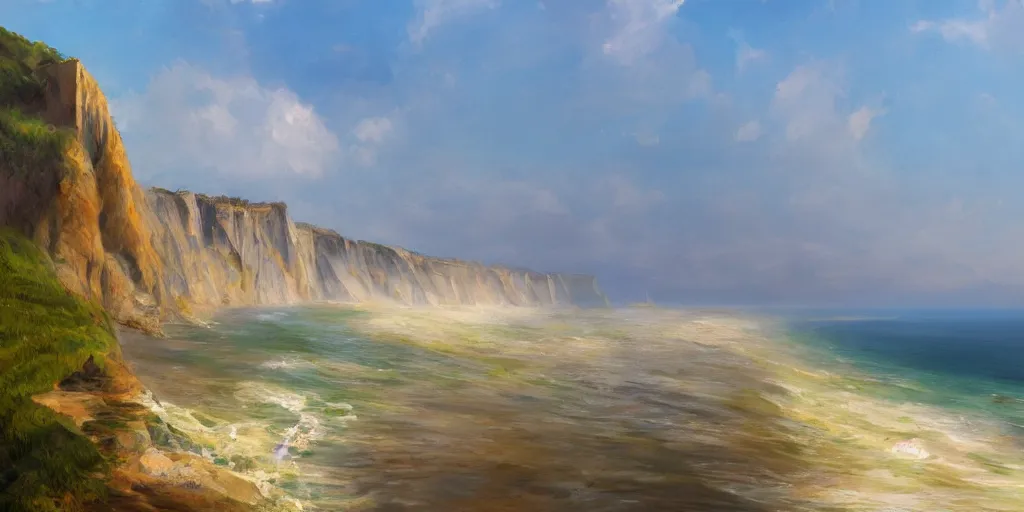 Prompt: the crystal cliffs of dover, viewed from the ocean, illustration, bright sunlight, sun glints, sunrays, digital art, hyperrealistic, oil painting, fantasy, 8 k, trending on artstation, detailed