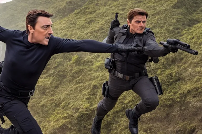 Image similar to a film still of Peter Serafinowicz in Mission: Impossible IX, high quality